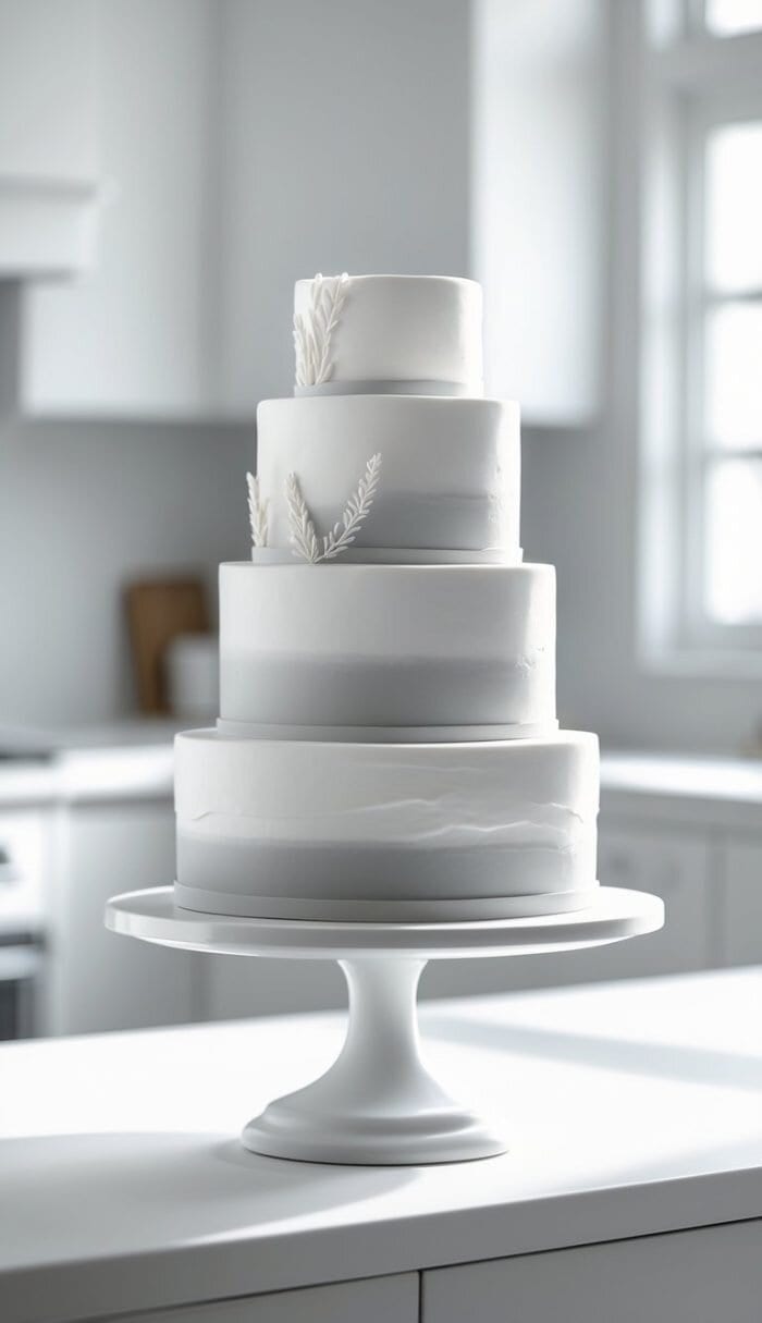 A four-tiered white wedding cake with minimalistic design and delicate white leaf decorations, displayed on a white cake stand in a modern, bright kitchen.
