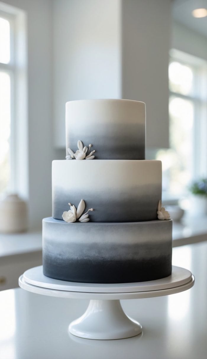 A three-tiered cake with a smooth black-to-gray ombré design, decorated with small white sugar flowers, sits on a white cake stand in a bright, modern kitchen.