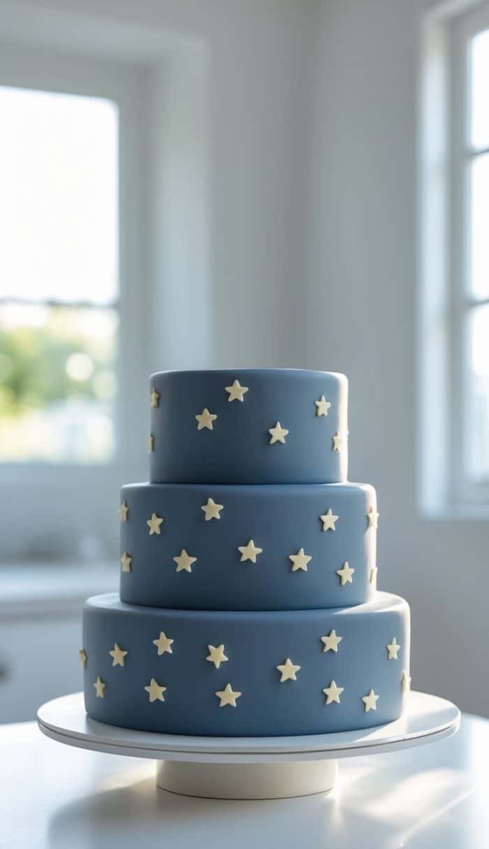 A three-tier blue cake decorated with small yellow star-shaped decorations sits on a white plate in a bright room with large windows.