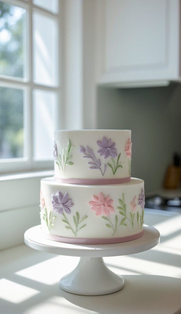 A two-tier white cake decorated with pastel pink, purple, and green floral designs sits on a white cake stand by a sunlit window in a bright kitchen.