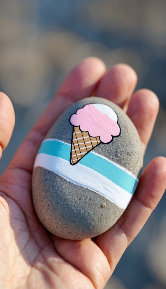A hand holds a smooth grey stone painted with a pink ice cream cone and a white and blue stripe across the middle.