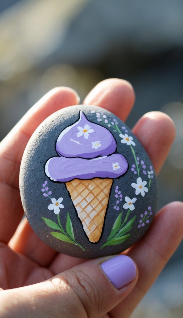 A hand with lavender-painted nails holds a smooth stone painted with a purple ice cream cone, white flowers, and green leaves. The background is blurred.