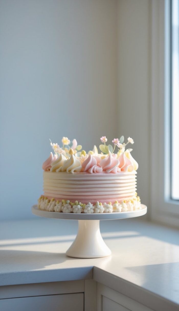 A pastel pink and white frosted cake decorated with delicate flower-shaped icing sits on a white cake stand by a sunlit window.
