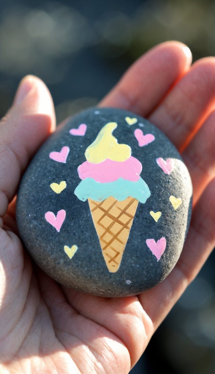 A hand holds a smooth gray stone painted with a colorful ice cream cone and surrounded by pink and yellow hearts.