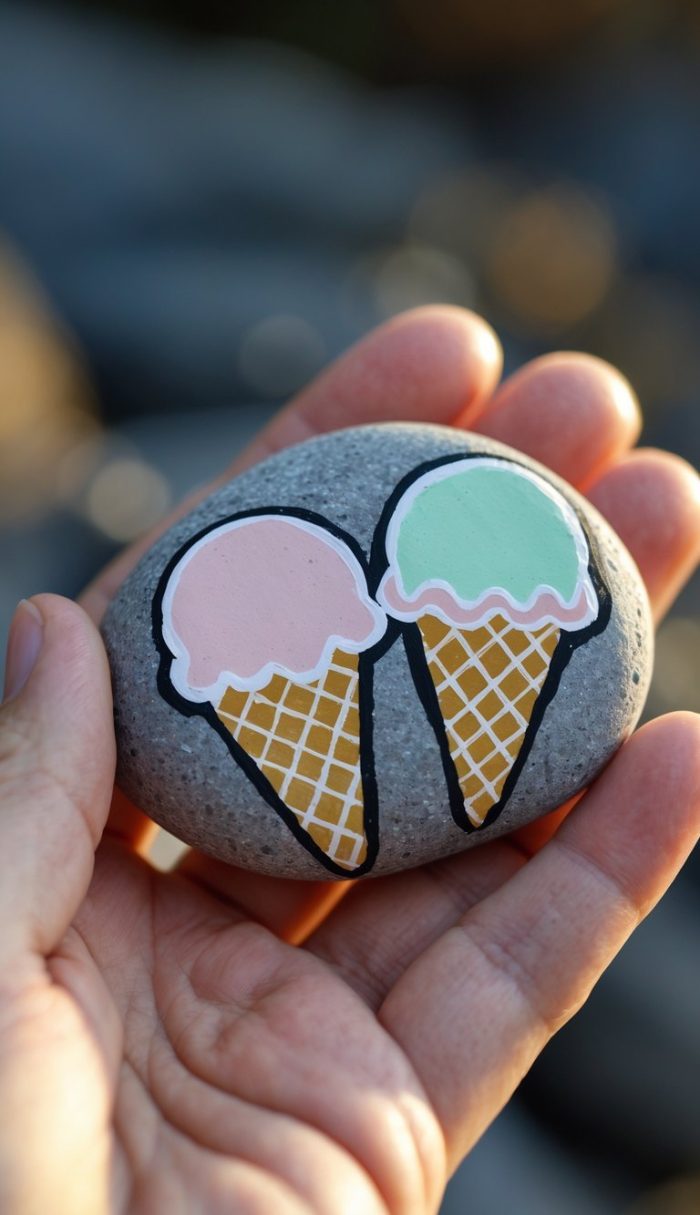 A hand holds a smooth stone painted with two ice cream cones—one with pink ice cream and one with light green—against a blurred outdoor background.