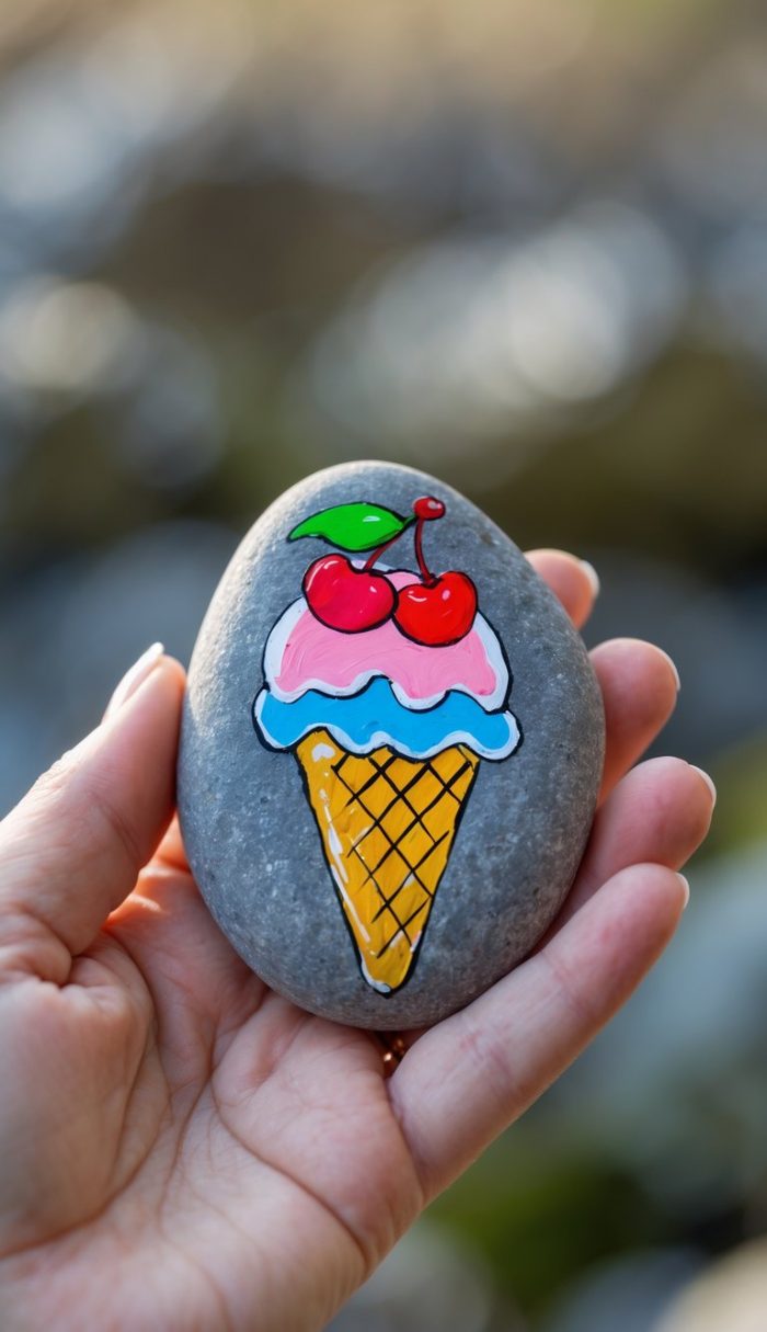A hand holds a smooth gray stone painted with a colorful ice cream cone topped with two red cherries and a green leaf. The background is blurred.