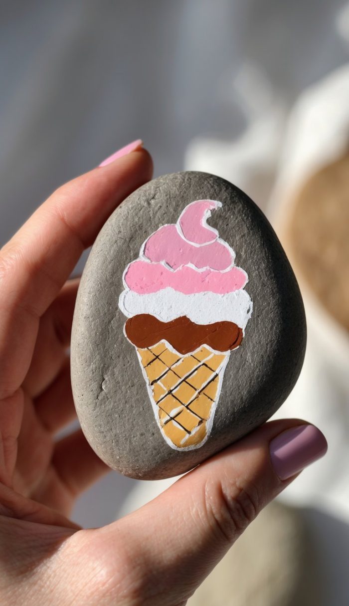A hand with light pink nail polish holds a smooth gray stone painted with an ice cream cone topped with brown, pink, and white scoops. The background is softly blurred.