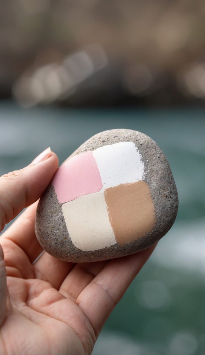 A hand holding a smooth gray stone painted with four squares in pink, white, beige, and brown, against a blurred outdoor background.