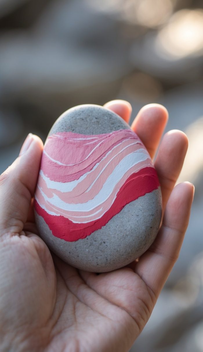 A hand holds a smooth gray stone painted with wavy stripes in shades of pink, red, and white. The background is softly blurred.