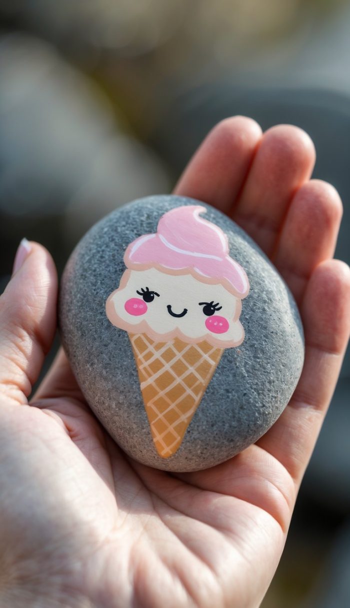 A hand holds a smooth gray stone painted with a cute, smiling ice cream cone with pink swirled ice cream and blushing cheeks.