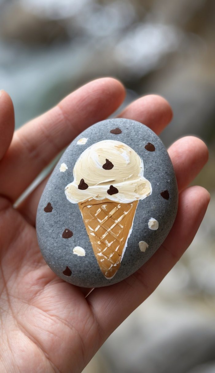 A hand holds a smooth gray stone painted with an ice cream cone topped with two scoops and chocolate chips, surrounded by small white and brown dots.