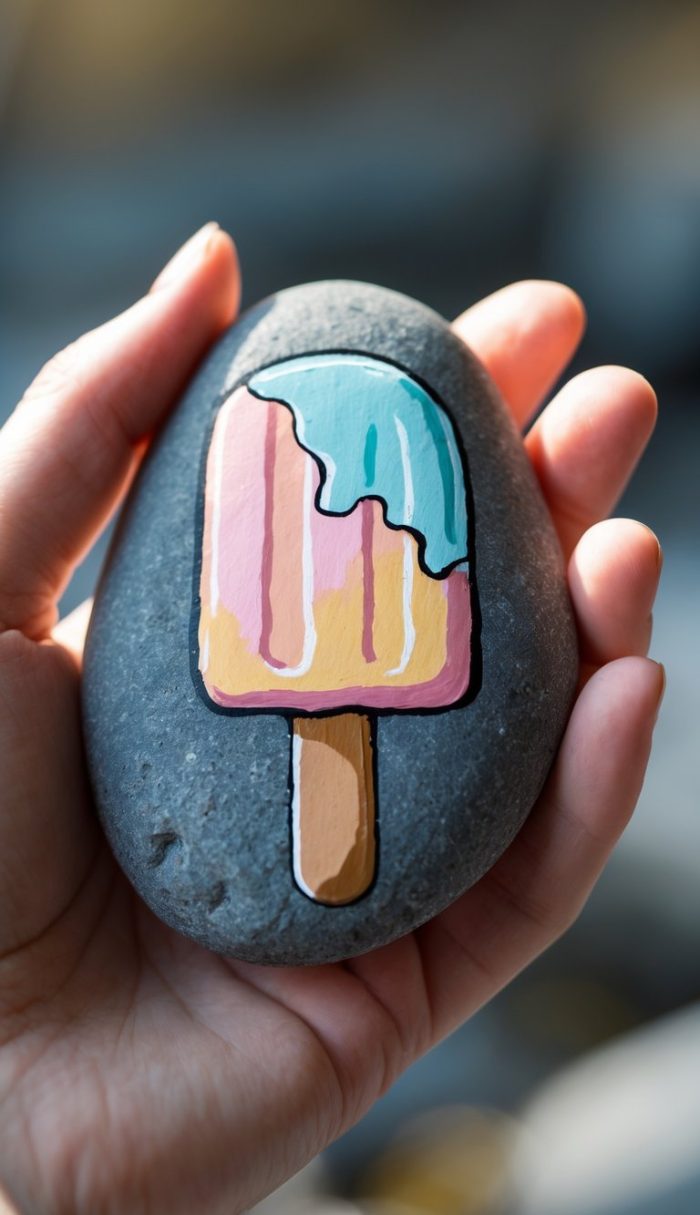 A hand holds a smooth gray stone painted with a colorful popsicle design, featuring blue, pink, and yellow sections with a wooden stick.