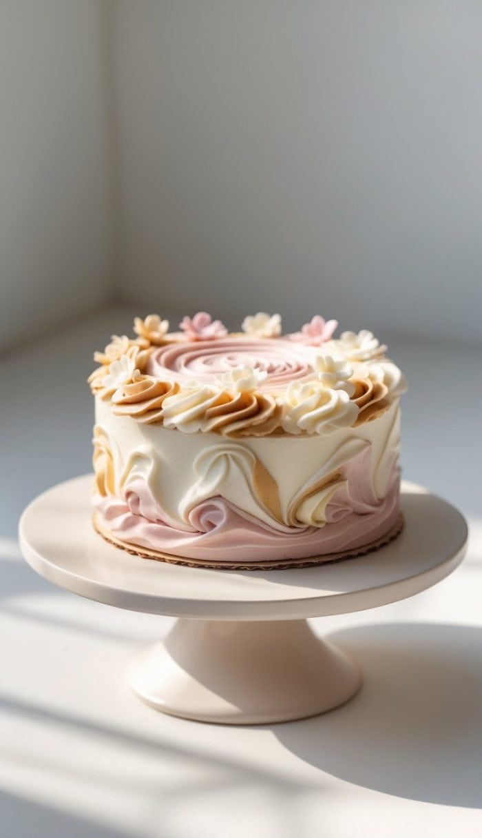 A round cake with pink, white, and beige swirled frosting and decorative floral designs sits on a white cake stand in bright natural light.