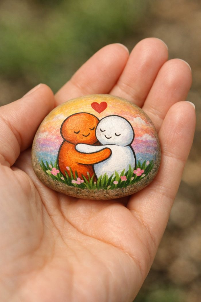 A hand holds a painted stone showing two cartoon figures, one orange and one white, hugging with a red heart above them, surrounded by grass, flowers, and a colorful sky background.