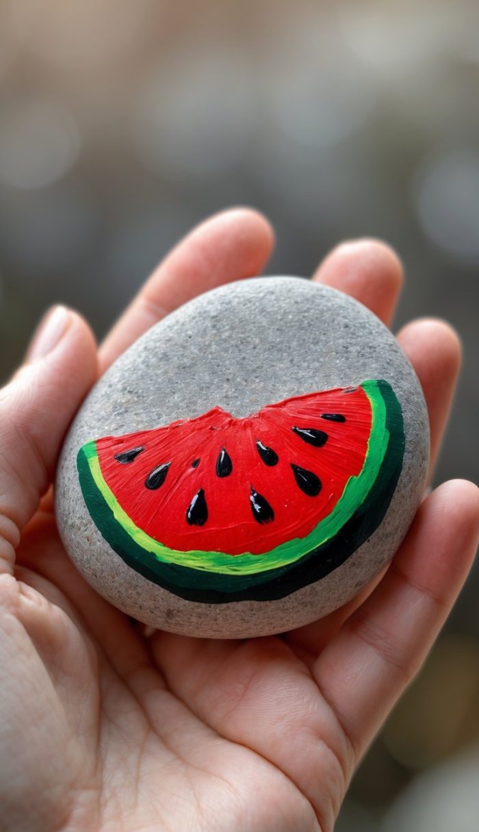 A hand holds a smooth gray stone with a realistic painting of a watermelon slice, featuring red flesh, black seeds, and green rind.