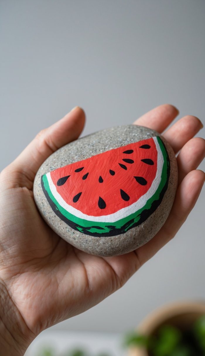 A hand holds a smooth stone painted to look like a slice of watermelon, featuring a red center, black seeds, and green and white rind.
