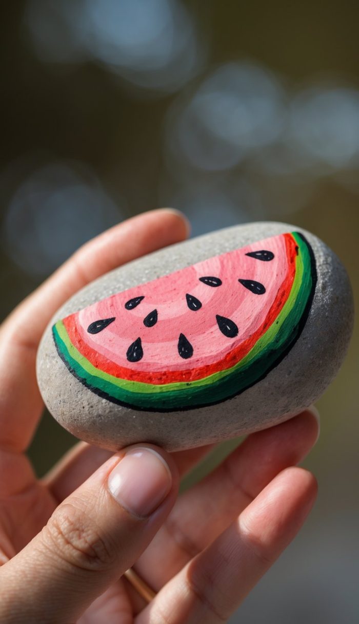 A hand holds a smooth gray stone painted with a colorful watermelon slice, featuring pink flesh, black seeds, and green rind.