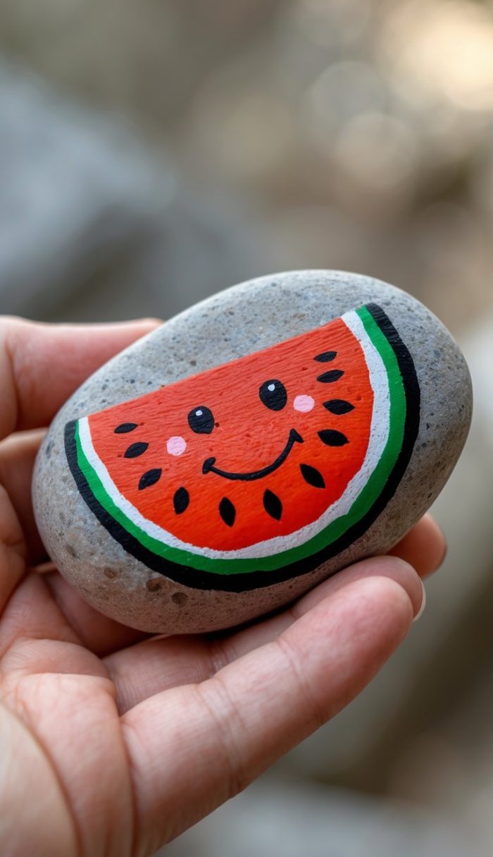A hand holds a smooth stone painted with a cute, smiling cartoon watermelon slice, featuring pink cheeks, black seeds, and green rind details.