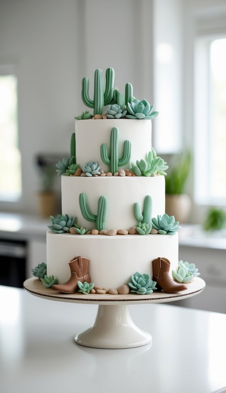 A three-tiered white cake decorated with edible green cacti, succulents, small rocks, and brown cowboy boots, displayed on a cake stand in a bright kitchen.