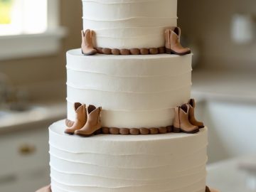 A three-tiered white cake decorated with small fondant cowboy boots and a large cowboy hat on top, displayed on a white cake stand in a bright kitchen.