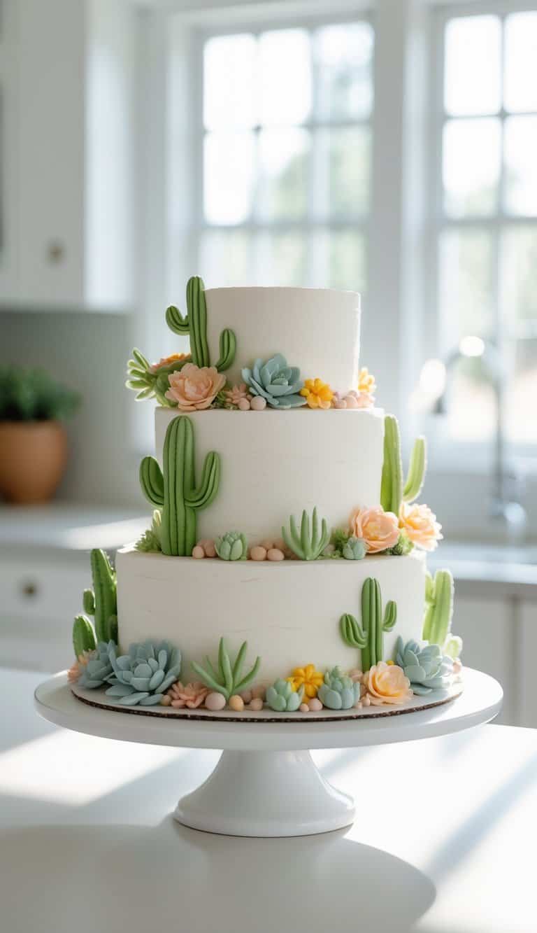 A three-tiered white cake decorated with fondant cacti, succulents, and pastel flowers sits on a white cake stand in a bright kitchen with large windows.