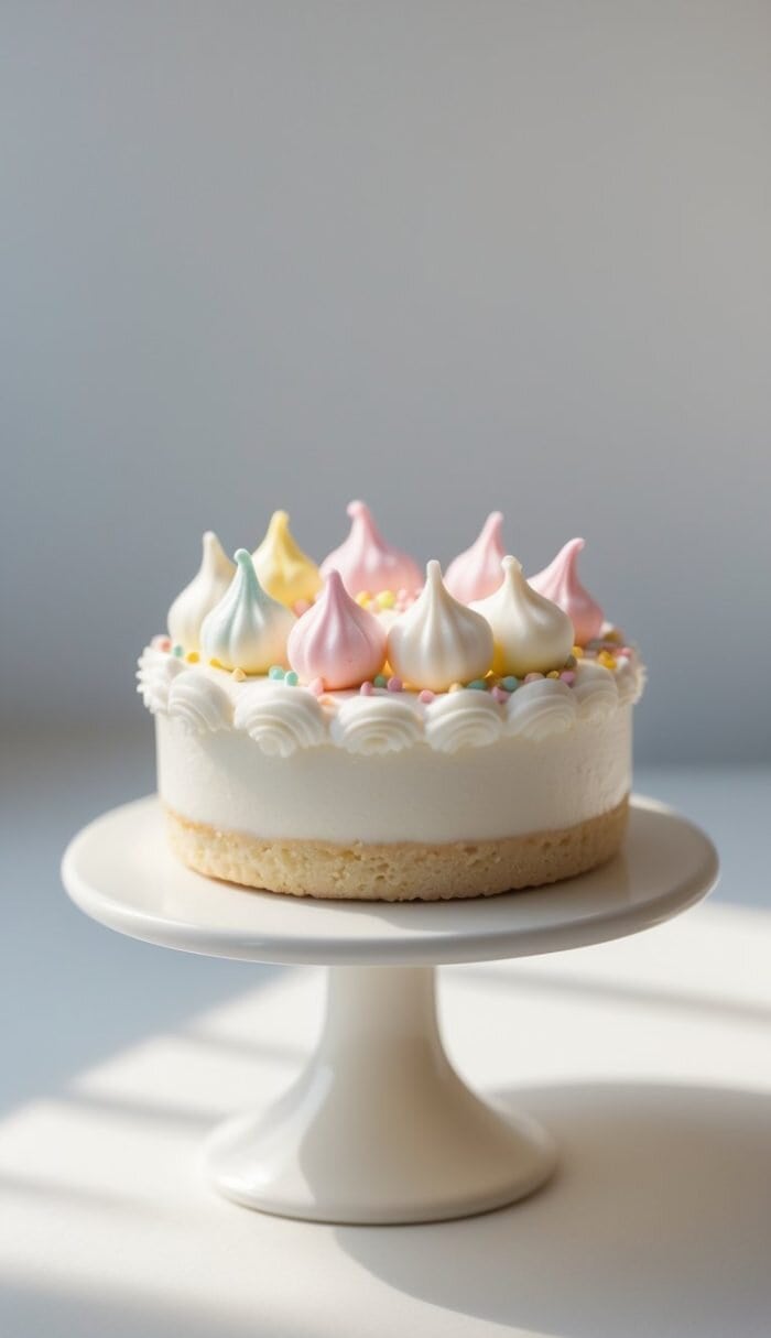 A round cake with a light sponge base, white frosting, colorful meringue kisses, and sprinkles sits on a white cake stand in natural light.
