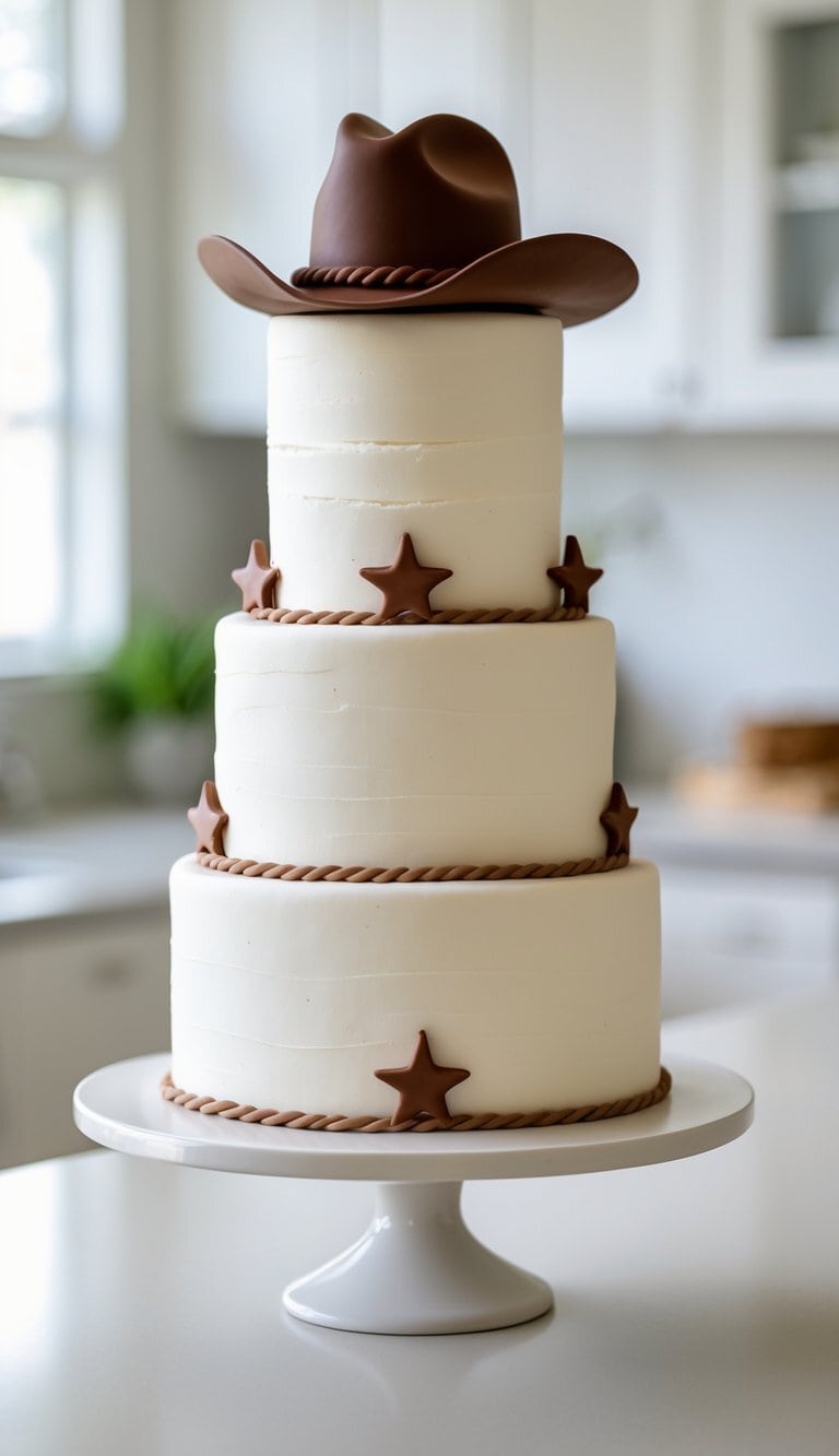 A three-tiered white cake decorated with chocolate stars and twisted rope designs, topped with a chocolate cowboy hat, sits on a white cake stand in a bright kitchen.