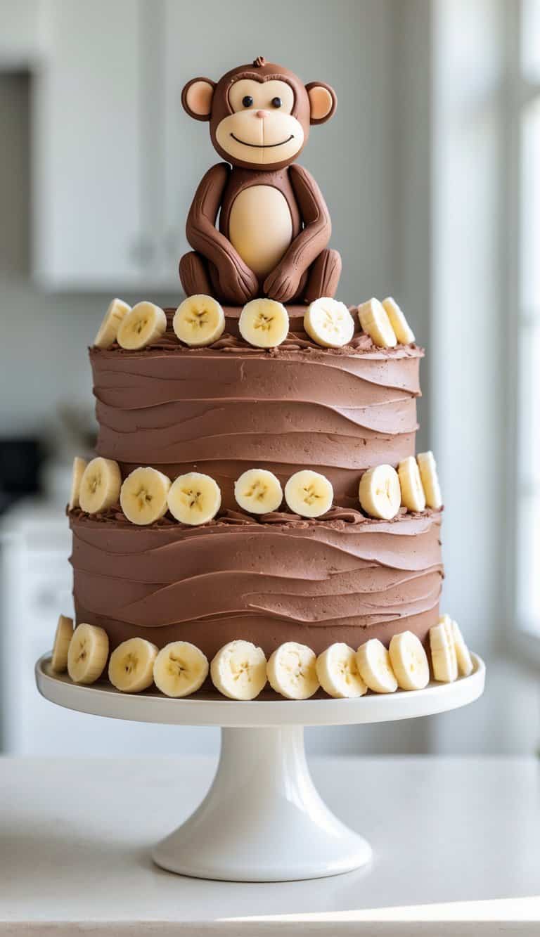 A two-tier chocolate cake decorated with banana slices and topped with a smiling monkey figurine, displayed on a white cake stand in a bright kitchen.