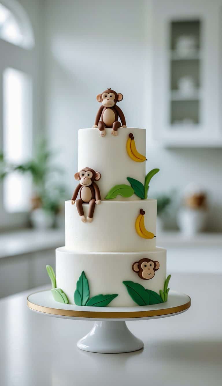 Three-tiered white cake decorated with fondant monkeys, bananas, and green leaves, displayed on a cake stand in a bright, modern kitchen.