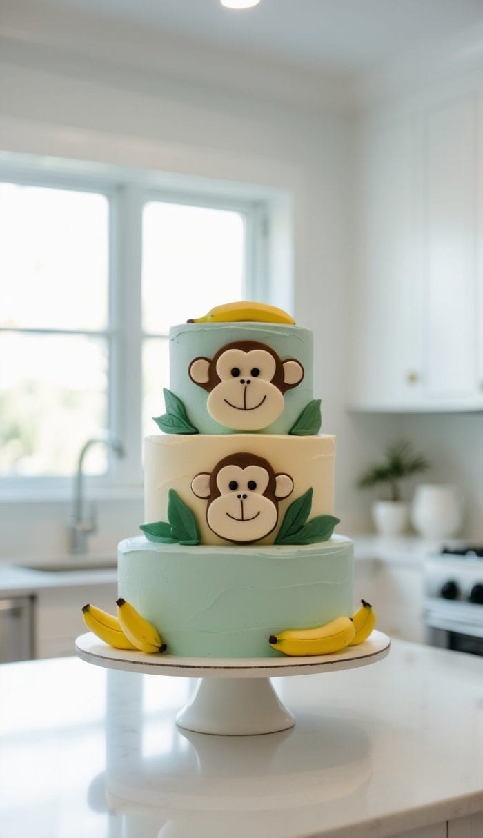 A three-tier cake decorated with smiling monkey faces, green leaves, and small bananas sits on a white cake stand in a bright kitchen.