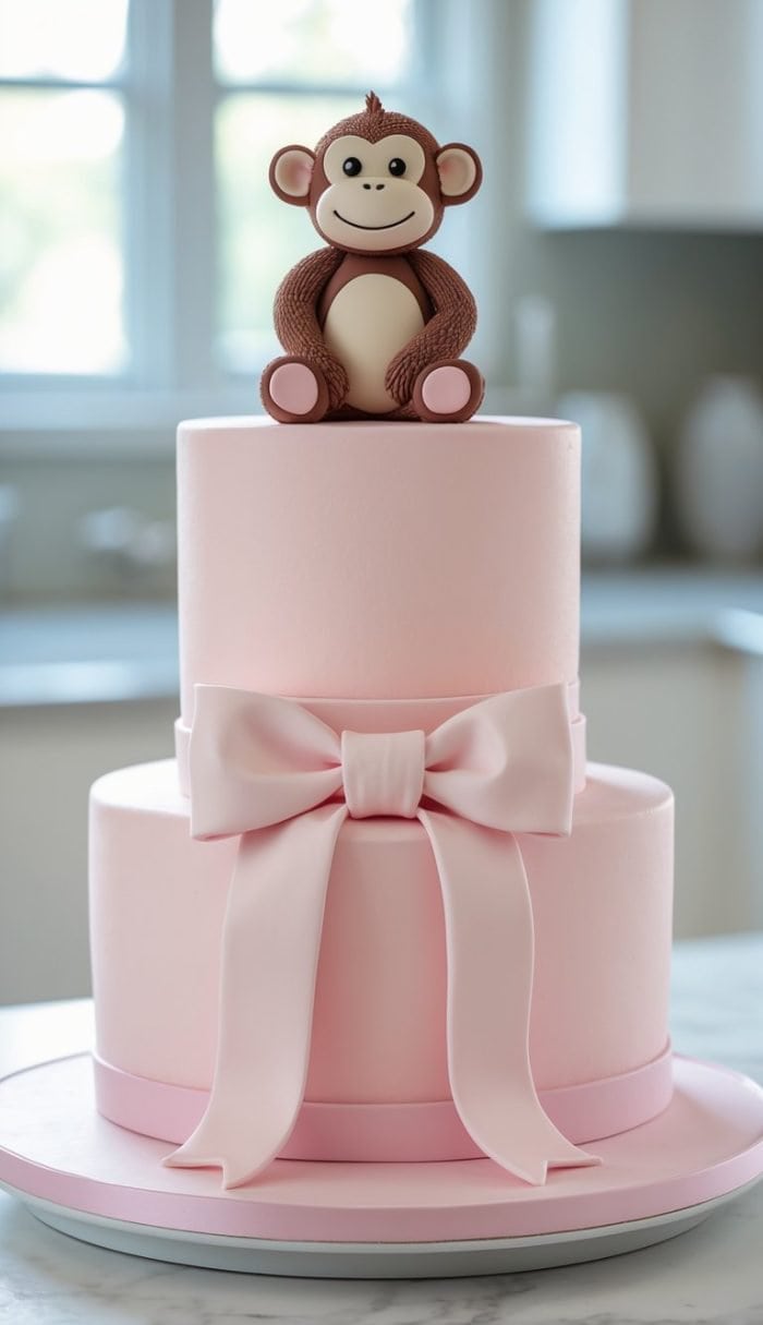 A two-tiered pink cake with a large fondant bow on the lower tier and a smiling fondant monkey sitting on top, displayed on a white countertop in a bright kitchen.