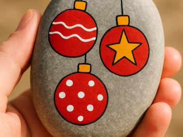 A hand holds a smooth gray stone painted with three red Christmas ornaments decorated with white stripes, polka dots, and a yellow star, all hanging from black lines.