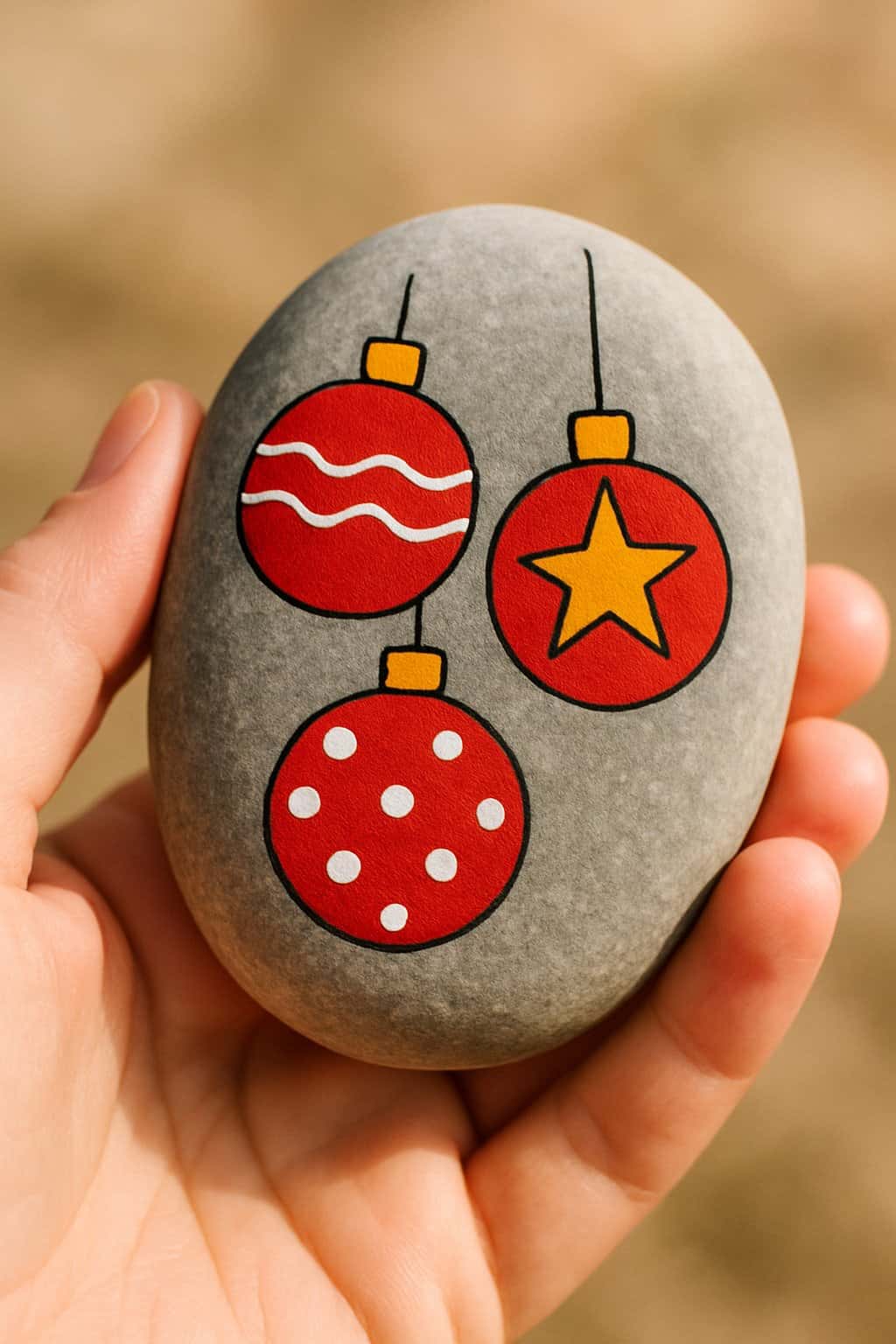 A hand holds a smooth gray stone painted with three red Christmas ornaments decorated with white stripes, polka dots, and a yellow star, all hanging from black lines.
