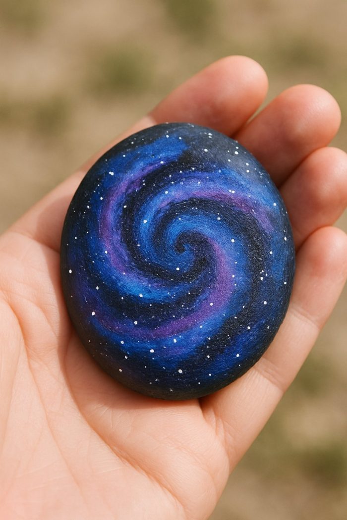 A hand holds a smooth, round stone painted with a swirling galaxy pattern in shades of blue, purple, and black, dotted with white stars. The background is softly blurred.