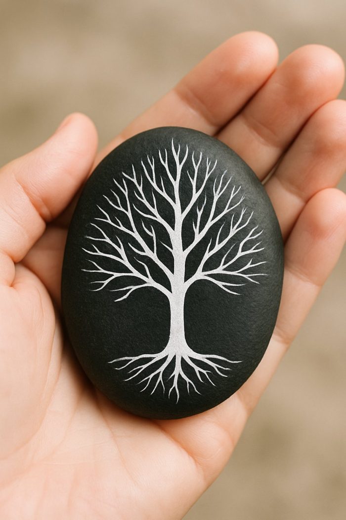 A hand holds a smooth black stone with a white tree, including roots and branches, intricately painted on its surface.