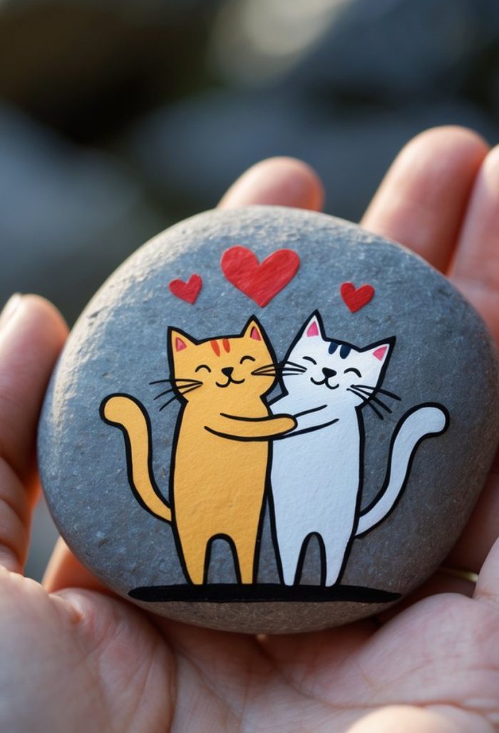 A hand holds a painted stone featuring two cartoon cats, one orange and one white, hugging each other with red hearts above their heads, symbolizing affection.