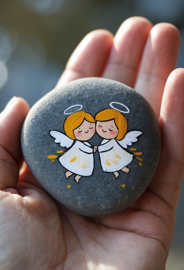 A hand holds a smooth stone painted with two cute cartoon angels wearing white dresses and halos, standing close together and smiling, with small yellow hearts beneath them.