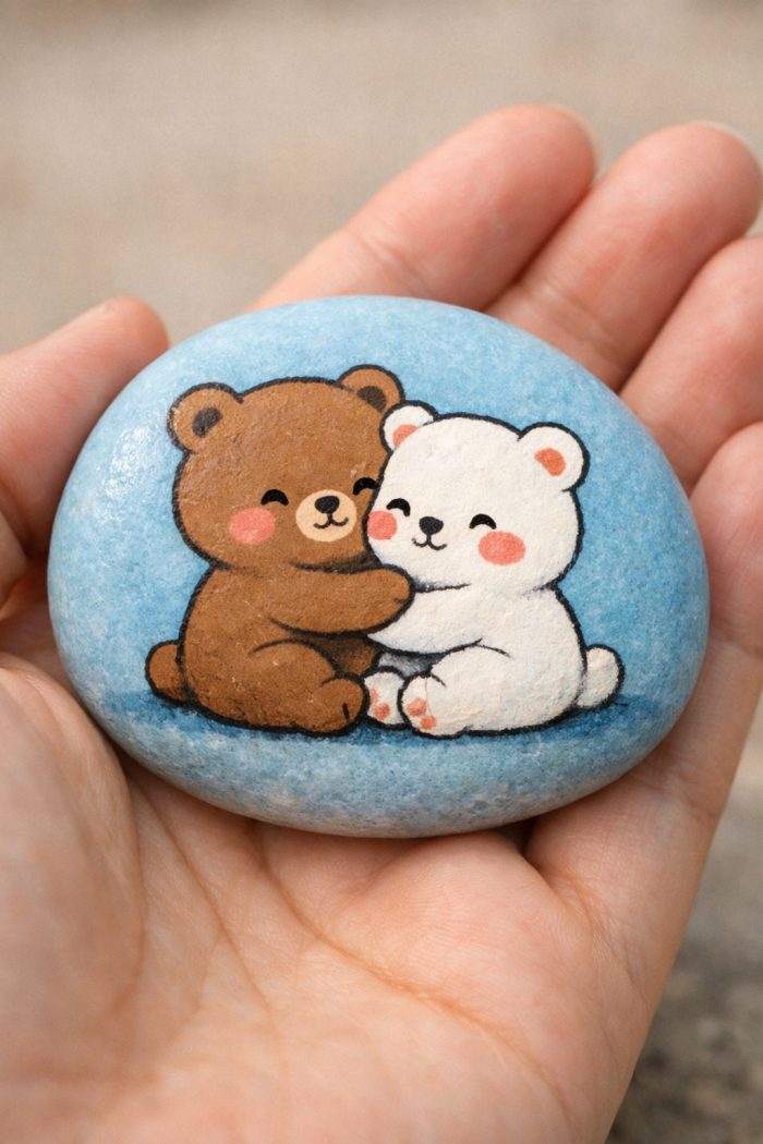 A hand holds a painted stone featuring a cute illustration of a brown bear and a white bear hugging each other, both smiling with pink cheeks, set against a blue background.