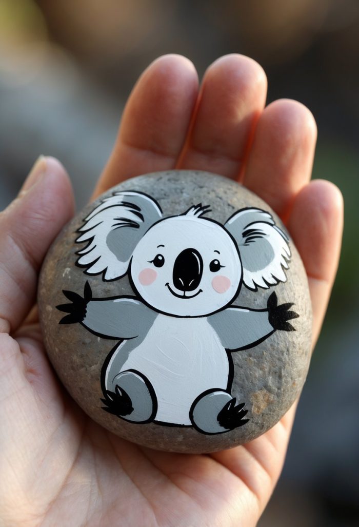 A hand holds a smooth stone painted with a cute, smiling cartoon koala with outstretched arms, rosy cheeks, and fluffy ears on a blurred background.