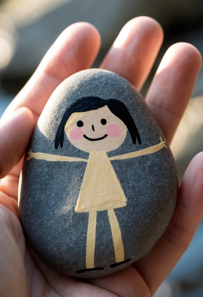 A hand holds a smooth gray stone with a simple, cheerful stick-figure girl painted on it, featuring black hair, a beige dress, outstretched arms, and a smiling face.