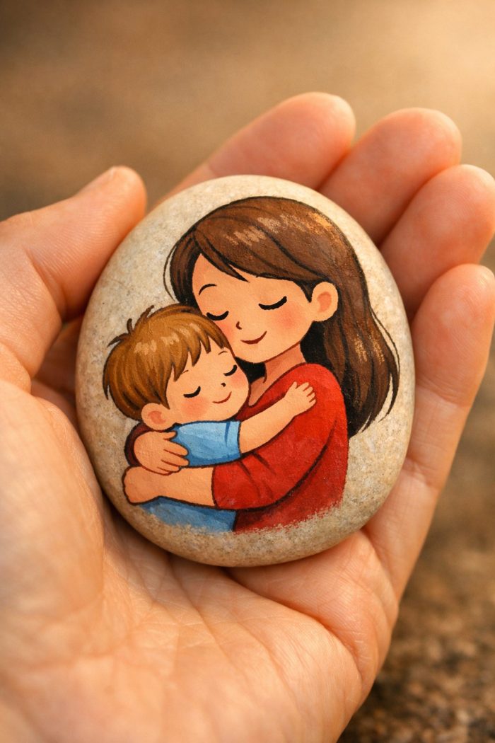 A hand holds a smooth stone painted with an illustration of a woman hugging a young child, both with content expressions, symbolizing warmth and affection.