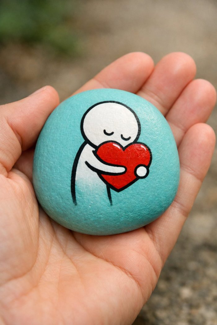 A hand holds a smooth, blue-painted stone featuring a simple drawing of a person hugging a large red heart, symbolizing love and care.