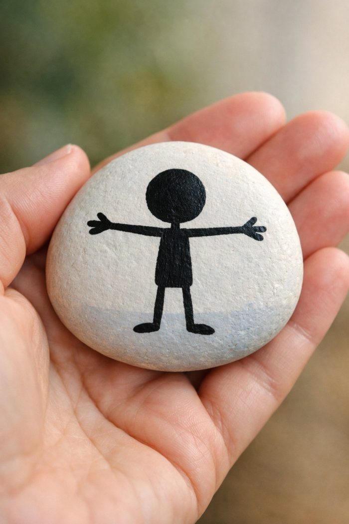 A hand holds a smooth stone with a simple black stick figure drawing of a person with outstretched arms, suggesting a welcoming or happy gesture. The background is softly blurred.
