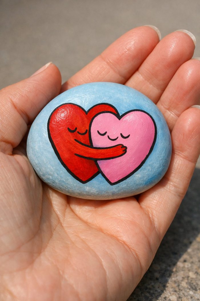 A hand holds a smooth stone painted with a red heart and a pink heart, both with closed eyes and smiling, as the red heart hugs the pink heart on a light blue background.