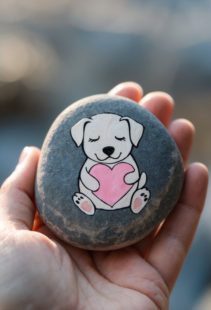 A hand holds a smooth gray stone painted with a cute, smiling puppy holding a pink heart, against a blurred background.
