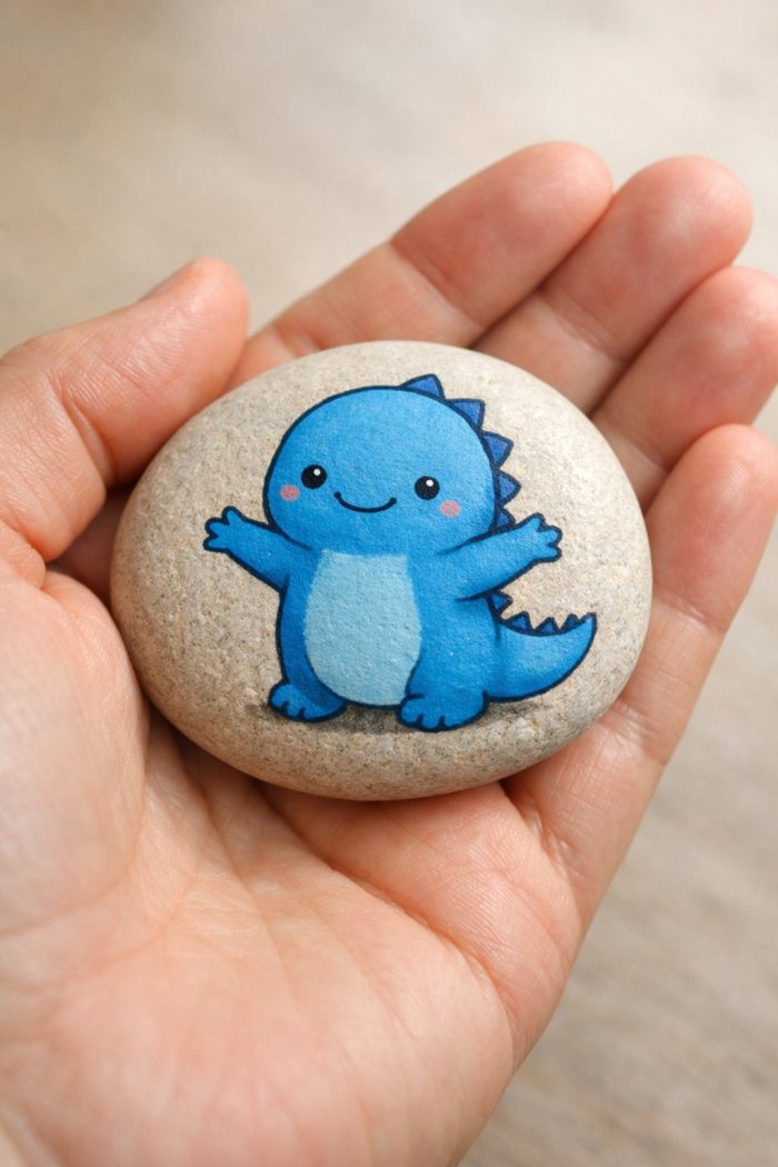 A hand holds a smooth, oval stone painted with a cute blue cartoon dinosaur with outstretched arms, rosy cheeks, and a happy smile.