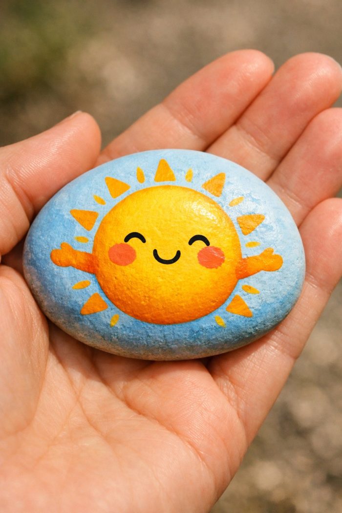 A hand holds a smooth stone painted with a cheerful, smiling yellow sun with orange rays and rosy cheeks on a blue background.
