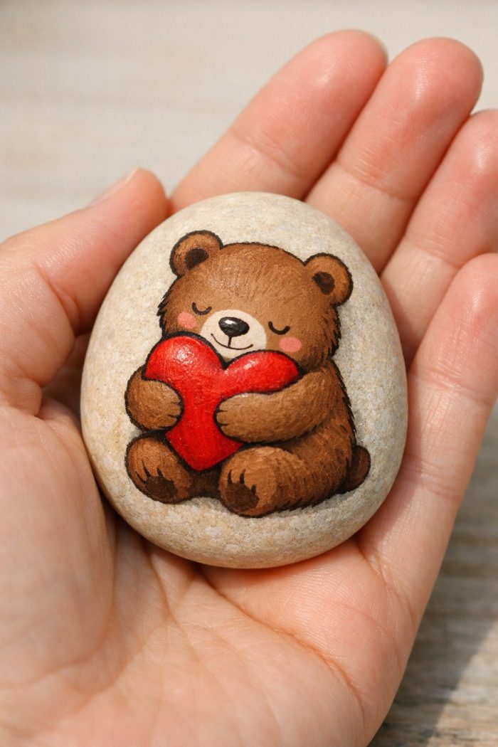 A hand holding a smooth stone painted with a cute brown bear hugging a red heart, with the bear's eyes closed and a content expression.