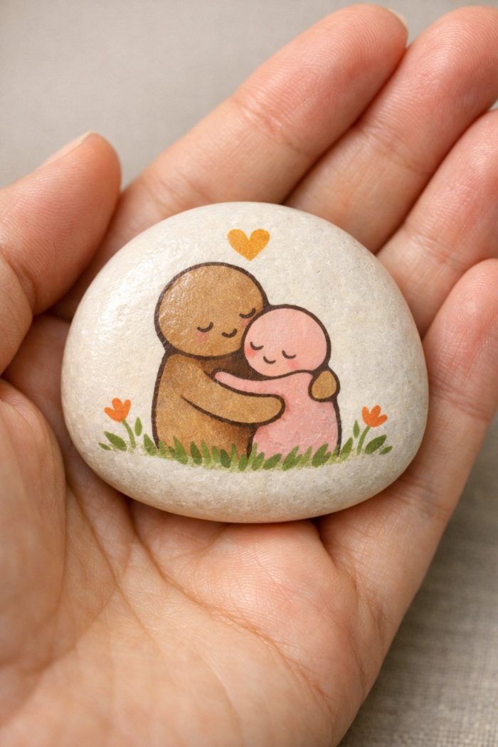 A hand holding a smooth stone painted with two cute, cartoon-like figures hugging, surrounded by small flowers and a heart above them.