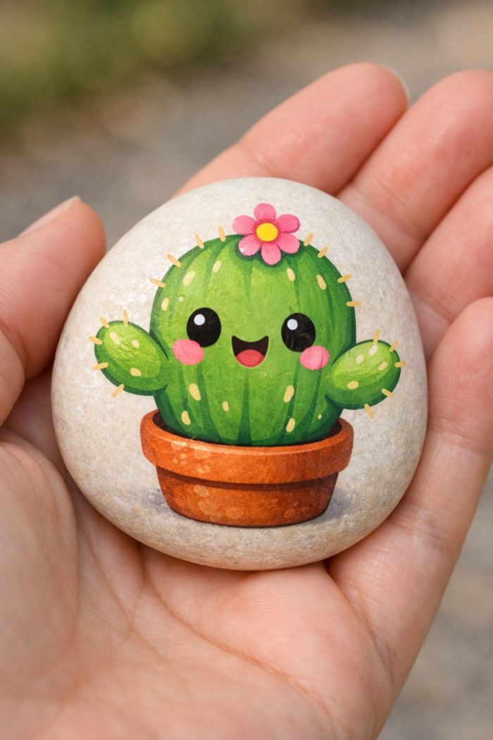 A hand holds a smooth stone painted with a cute, smiling cartoon cactus in a terracotta pot, with a pink flower on its head and rosy cheeks.